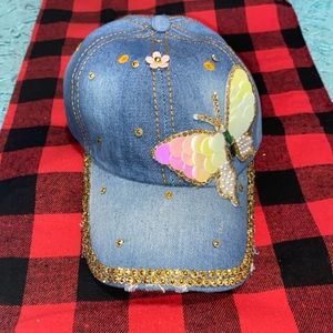 Denim Butterfly Studded Baseball Cap